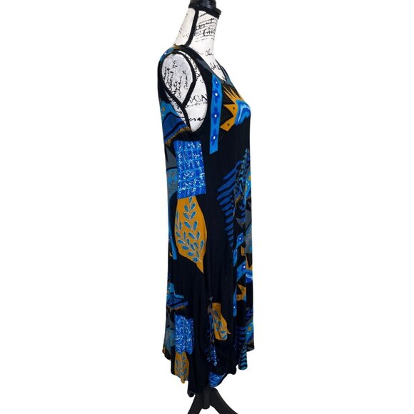 Vasna Sleeveless Dress Size M Abstract Pattern Art to Wear Rayon Black Blue - Picture 2 of 7